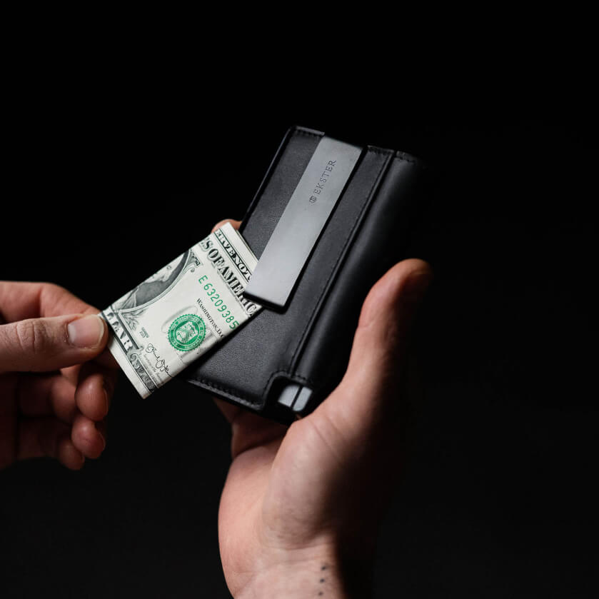 Wallet Pro with Cash Clip add on with a dollar bill being added onto it