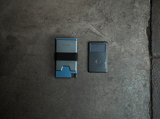 blue aluminum slim wallet and tracker