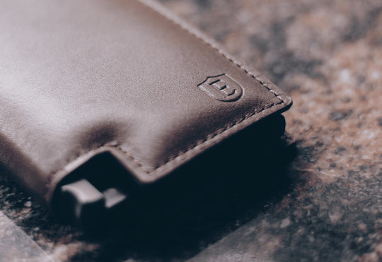 close up of a brown leather slim wallet