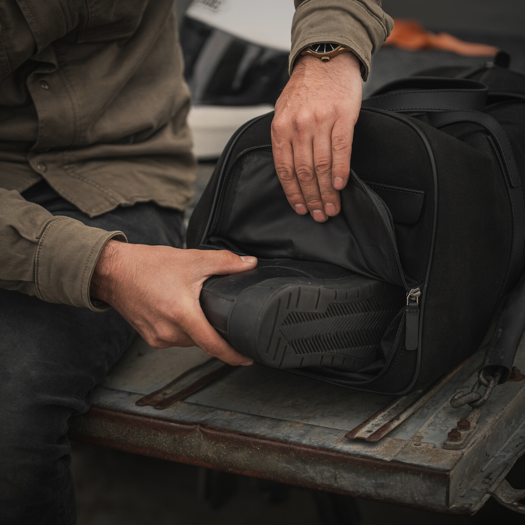 Weekender in-use, shoe compartment shown