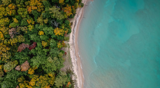 Overhead shot of beach and blue ocean